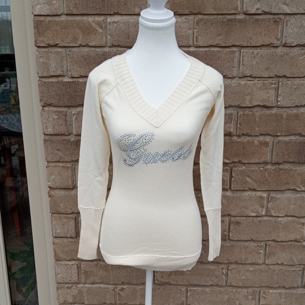 Guess Ivory V-Neck Sweater with Silver Logo